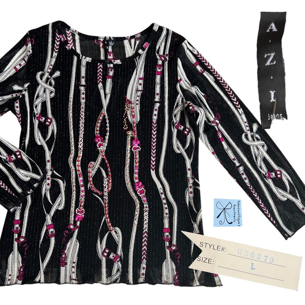 A.Z.I Jeans Micromesh Horsebit Bedazzled Top Sz L NWT